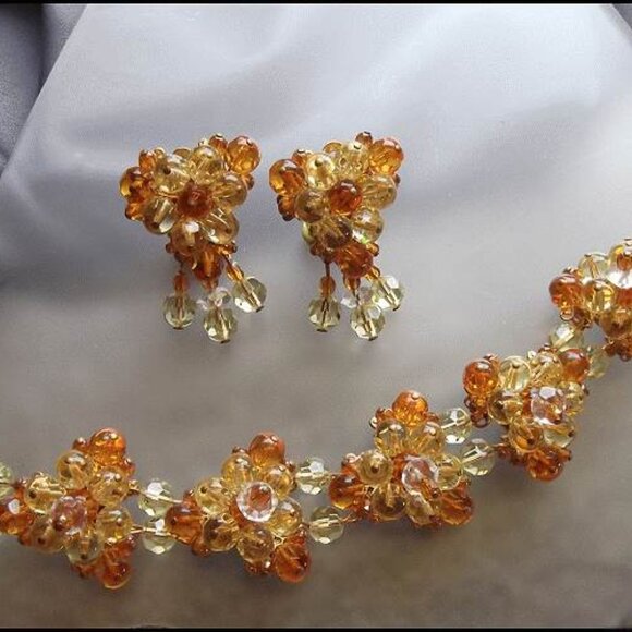 1950s Designer Citrine Crystal Bubbles Vintage Bracelet w Earrings Set 15838 - Picture 4 of 8